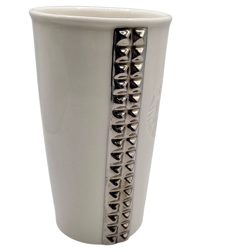 STARBUCKS - 2014‎ White Ceramic Silver Studded Travel Tumbler Coffee Mug-No Lid